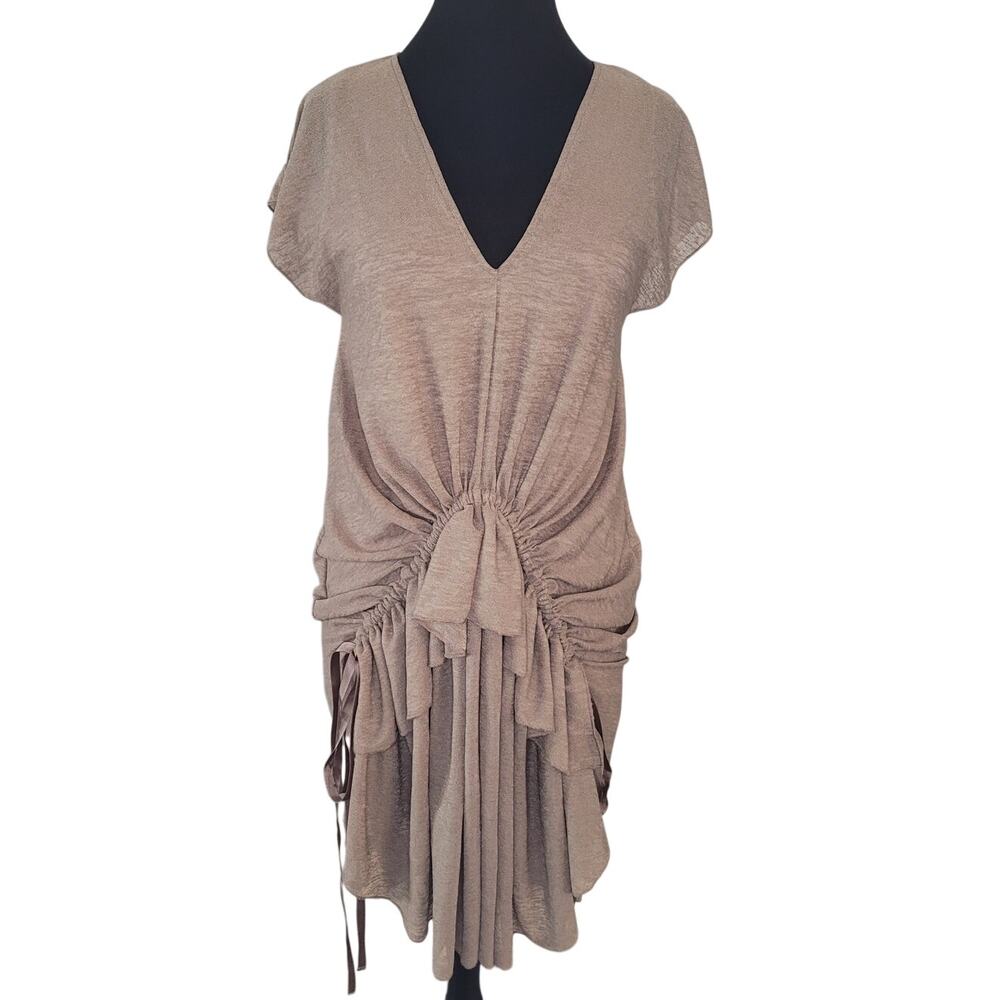 Zara Mini Dress S Beige Tiered Ruffle Tie Rouched Lagenlook Romantic Soft Girl